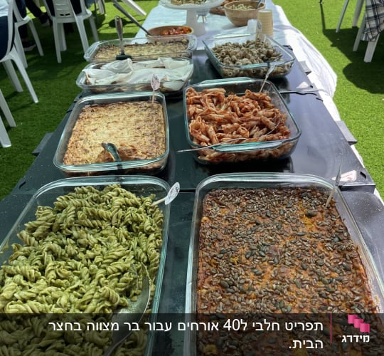 מגשי פסטה, מאפים וירקות על שולחן קייטרינג